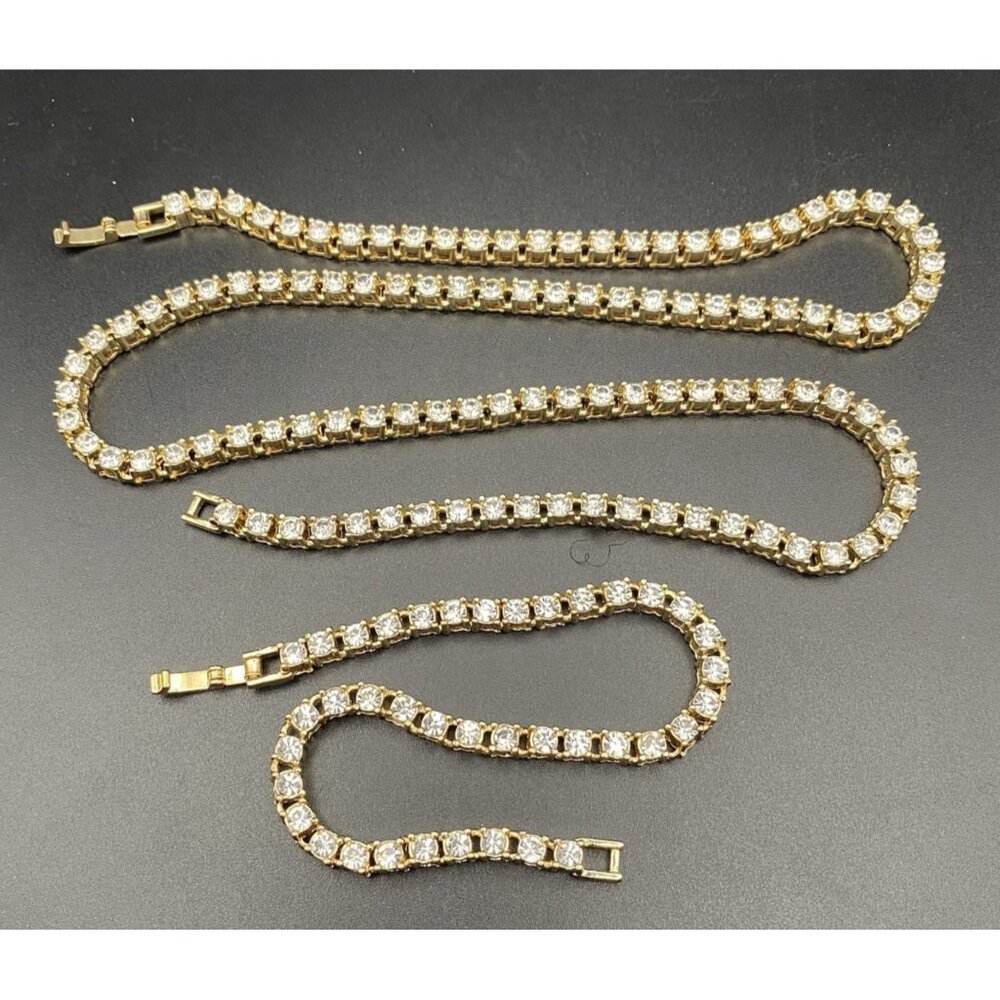 Necklace Bracelet Set 4 mm Tennis Yellow Gold Tone Solitaire CZ 21.5" 8"Hip Hop - Picture 3 of 6